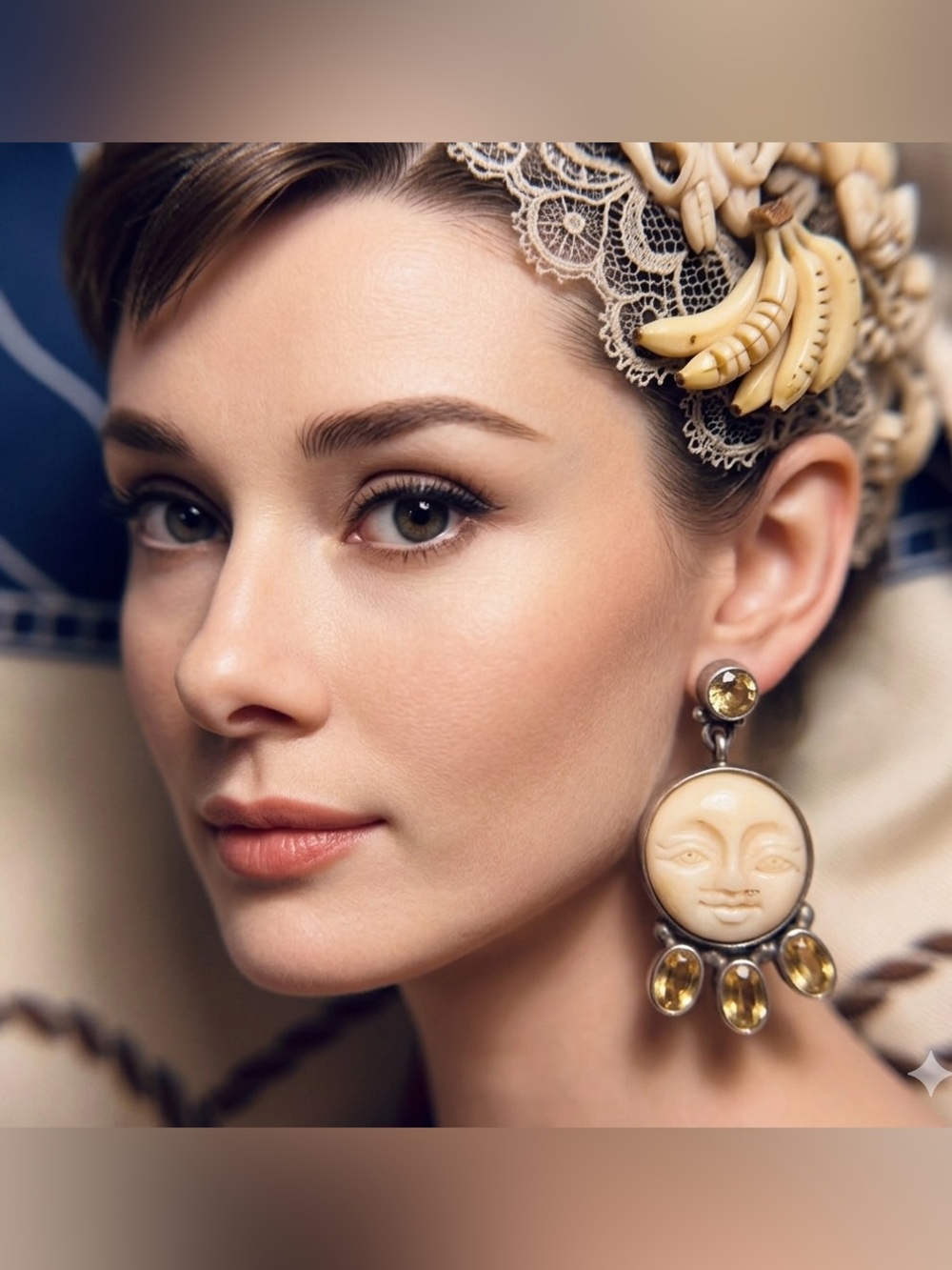 Vintage Earrings Bali Silver Carved Bone Moon Goddess & Citrine Drop